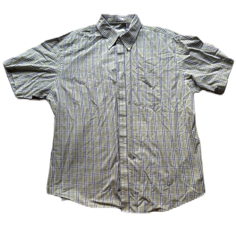 Van Heusen XL Plaid Short Sleeve Shirt No Iron Green/Blue Button Down EUC